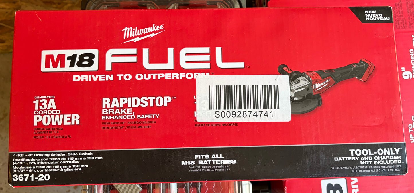 Milwaukee 3671-20 M18 FUEL 18V 4-1/2"-6" Braking Grinder Slide Switch -Bare Tool