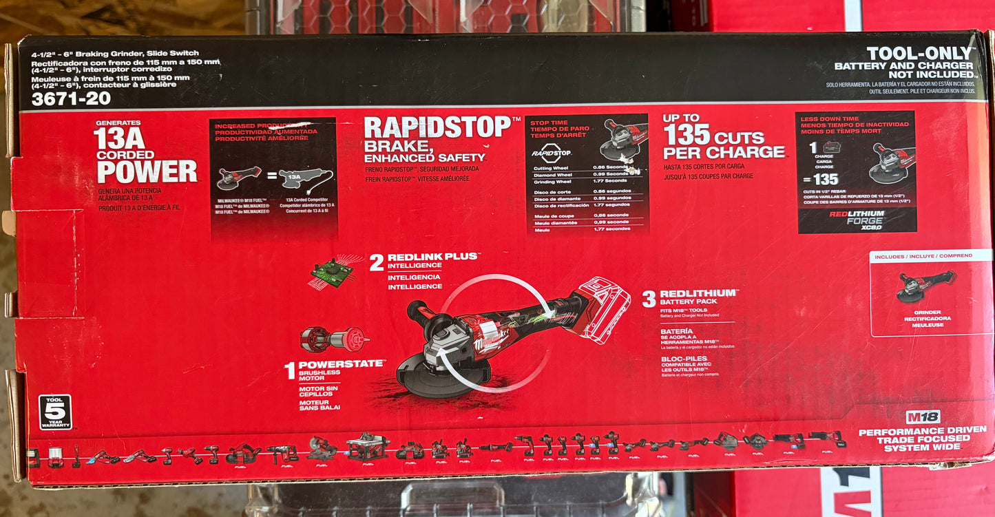 Milwaukee 3671-20 M18 FUEL 18V 4-1/2"-6" Braking Grinder Slide Switch -Bare Tool