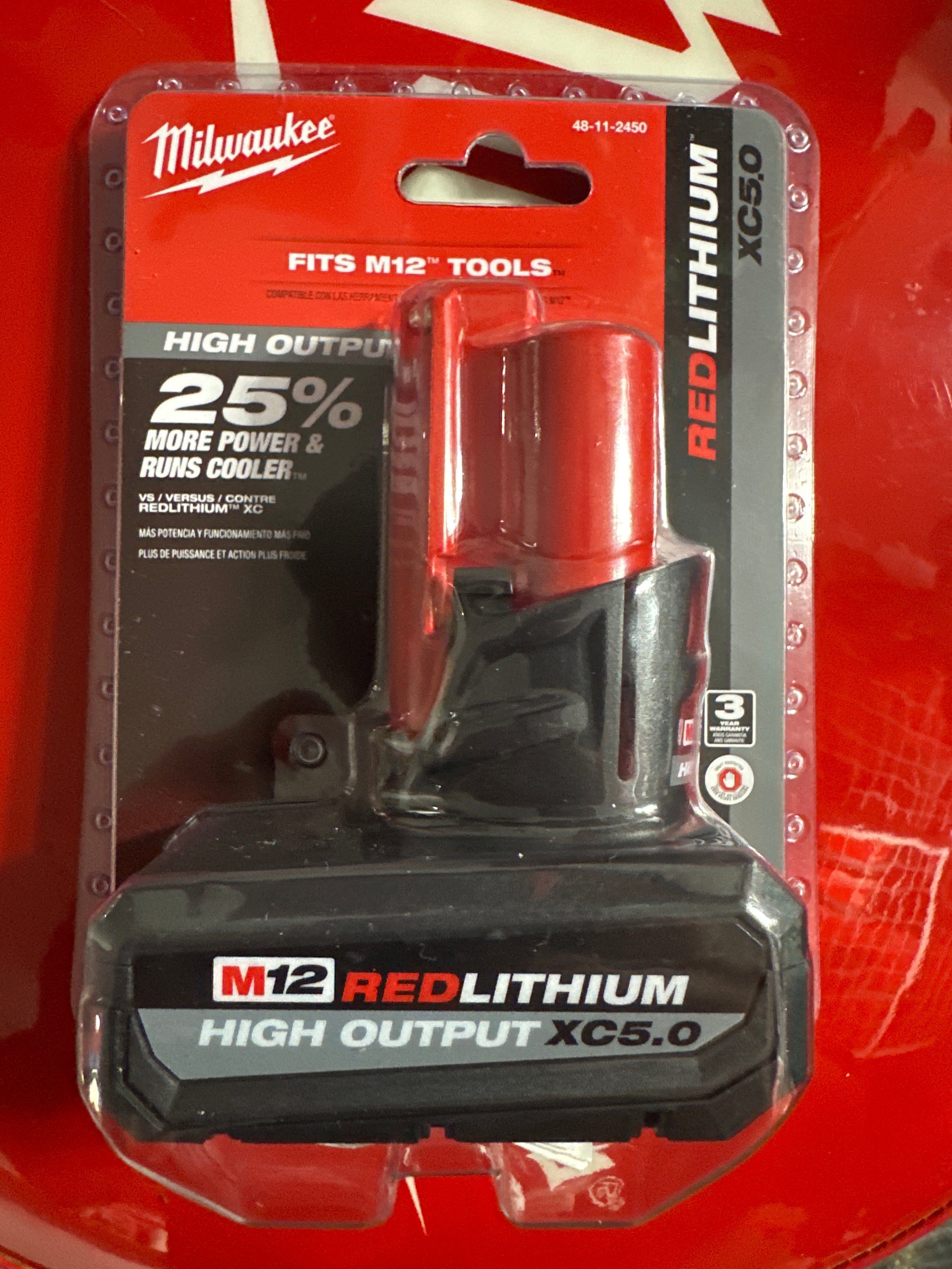 Milwaukee 48-11-2450 M12  RedLithium HIGH OUTPUT 5.0Ah XC5.0 Battery Pack no