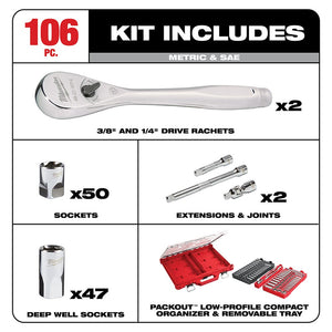 MILWAUKEE 106-Piece 1/4" and 3/8" Metric & SAE Ratchet and Socket Set with PACKOUT Low-Profile Organizer