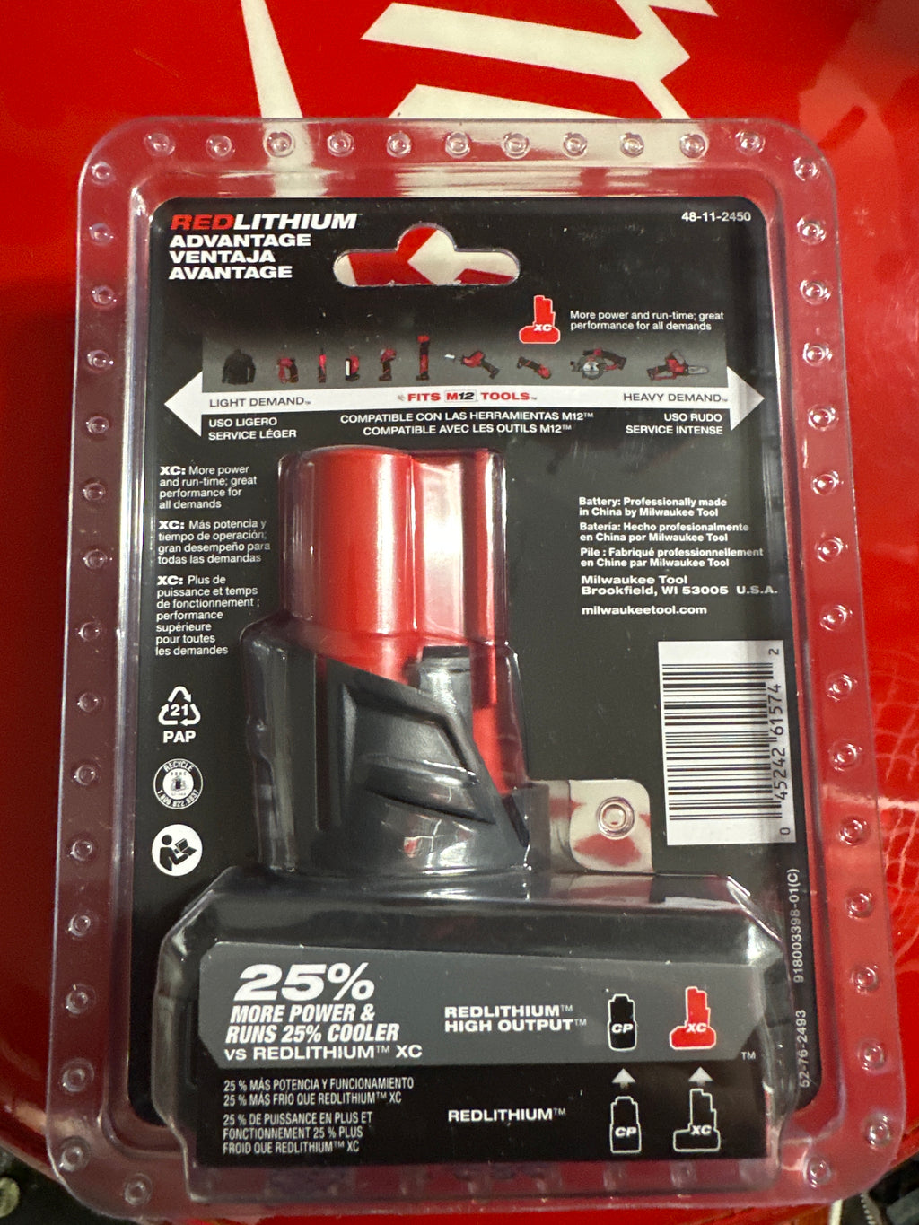 Milwaukee 48-11-2450 M12  RedLithium HIGH OUTPUT 5.0Ah XC5.0 Battery Pack no