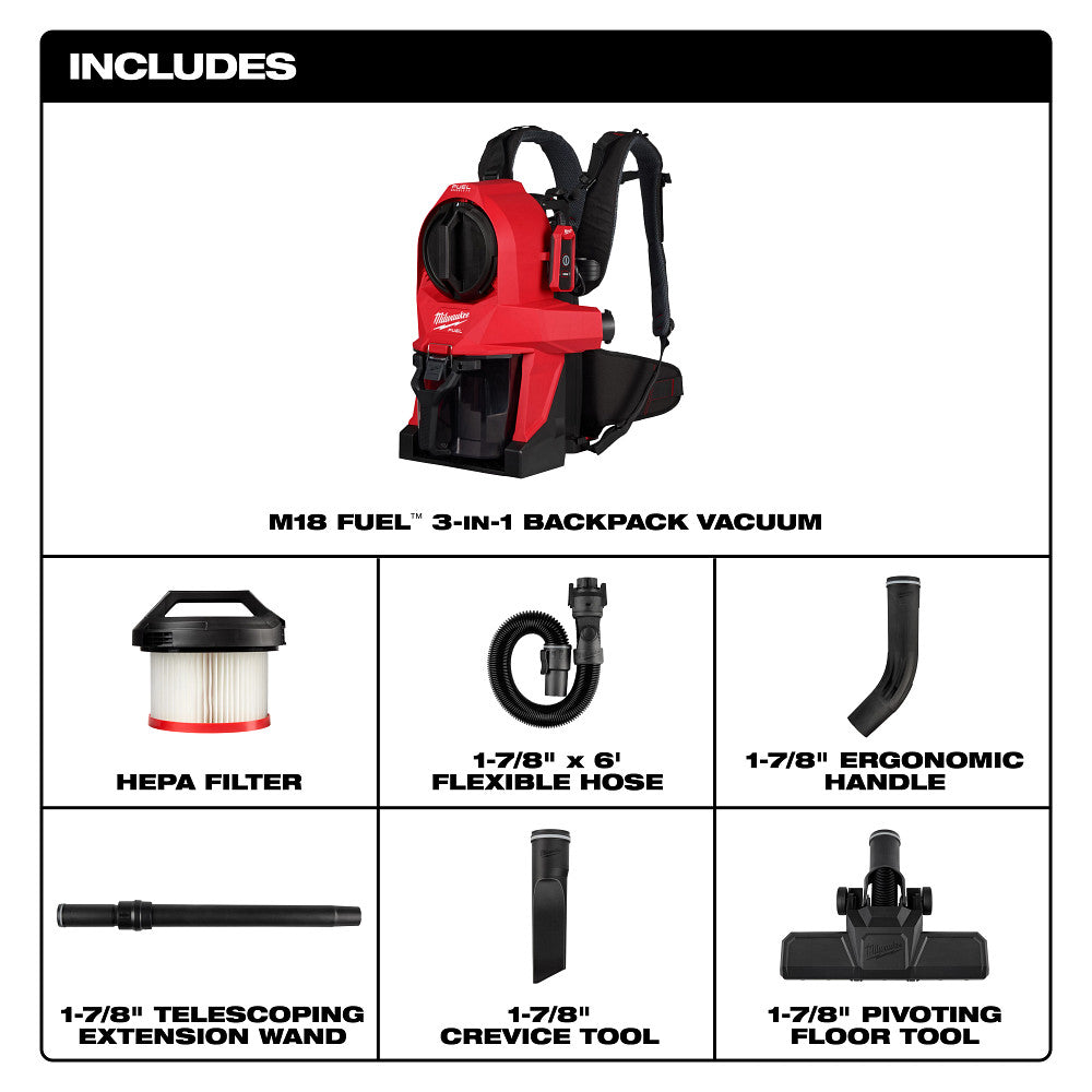 Milwaukee 0895-20 M18 FUEL 18V 3-in-1 Cordless Backpack Vacuum - Bare Tool