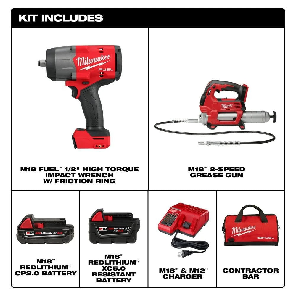 Milwaukee M18 FUEL 1/2in HighTorque Impact Wrench & Grease Gun Combo Kit
2967-22GG
