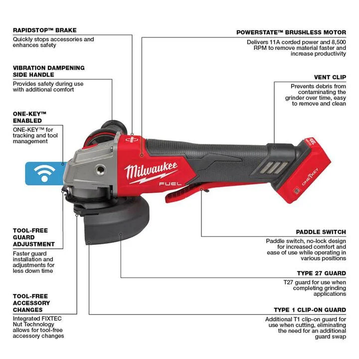 2882-20 Milwaukee M18 FUEL 4 1/2inch / 5inch Braking Grinder Paddle Switch No Lock (Bare Tool)
